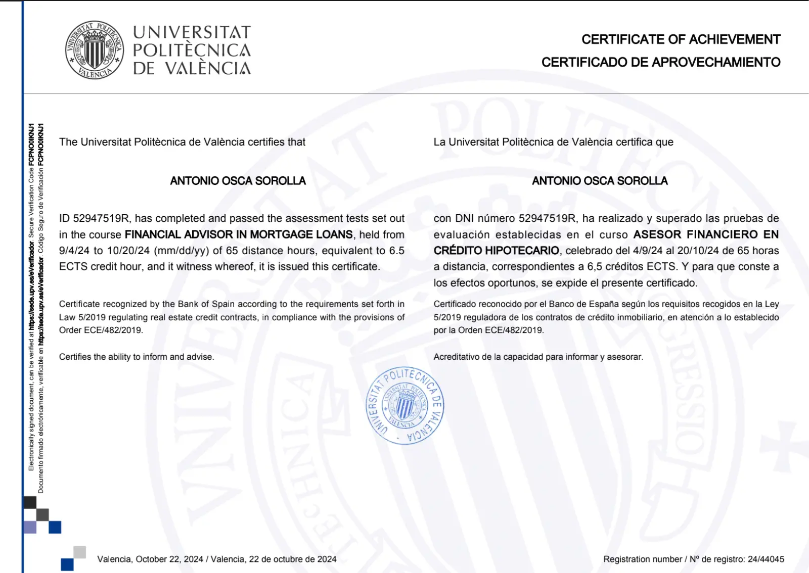 TONI-LOANS Certificado LCCI Toni Osca